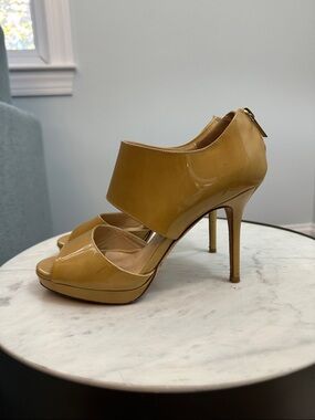 Jimmy Choo Tan Patent Peep-Toe Platform Stiletto Heels